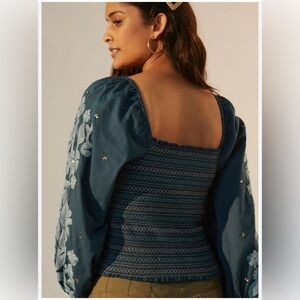 Anthropologie Smocked Embroidered Top with a square neck and long puff sleeves.